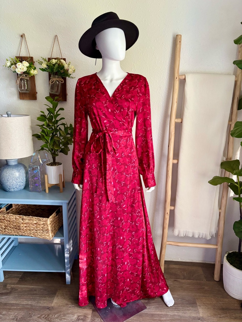 Red Floral Wrap Maxi Dress with Tie Waist and Long Sleeves